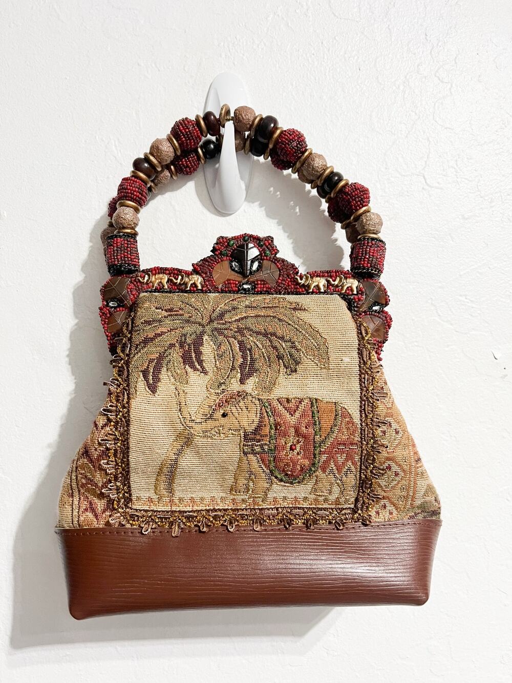 Mary Frances Handbag Purse Bead Handle Elephant Tapestry Brown